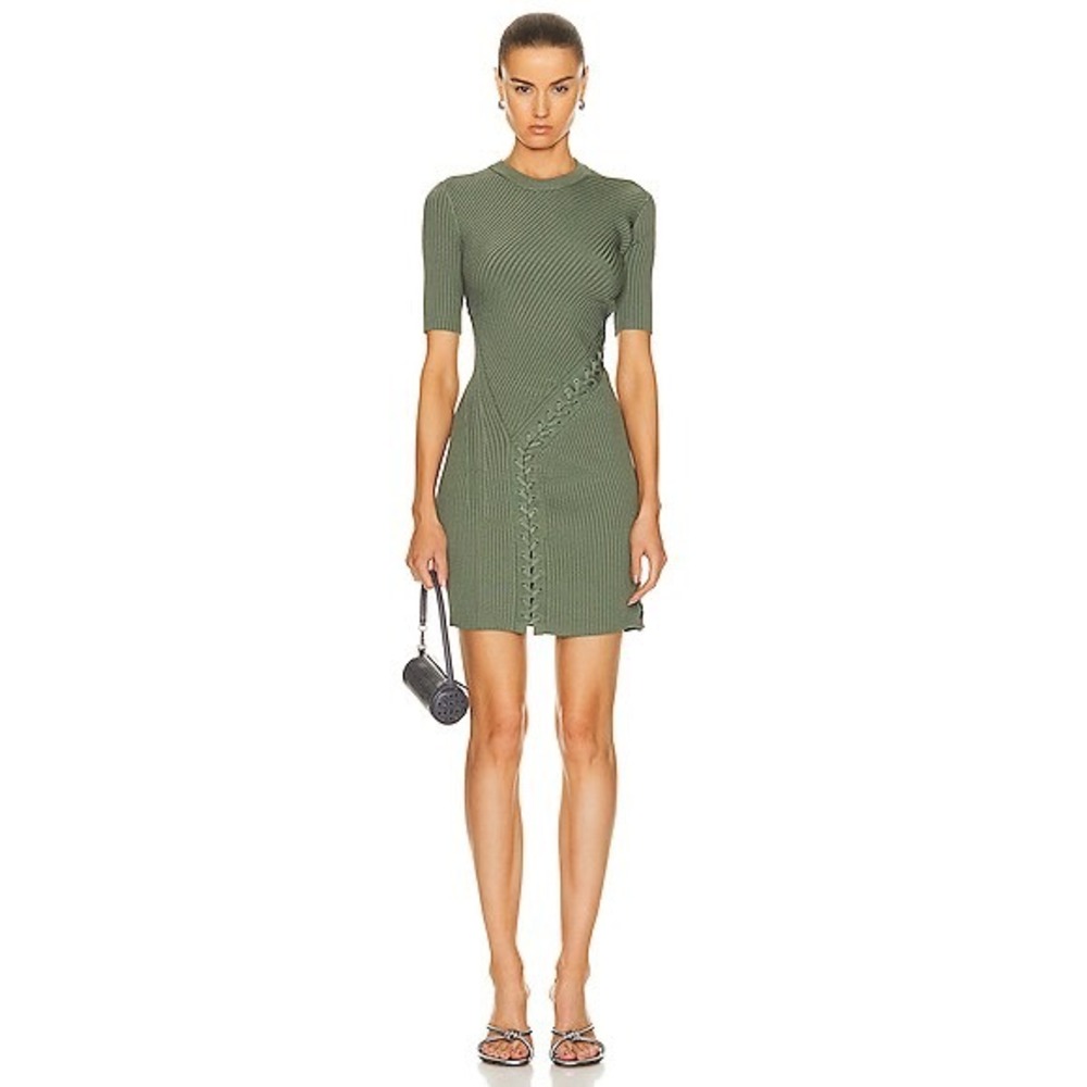 Simkhai Gilly Lace Up Ribbed Olive Green Mini Dress Short Sleeve Braid Detail L